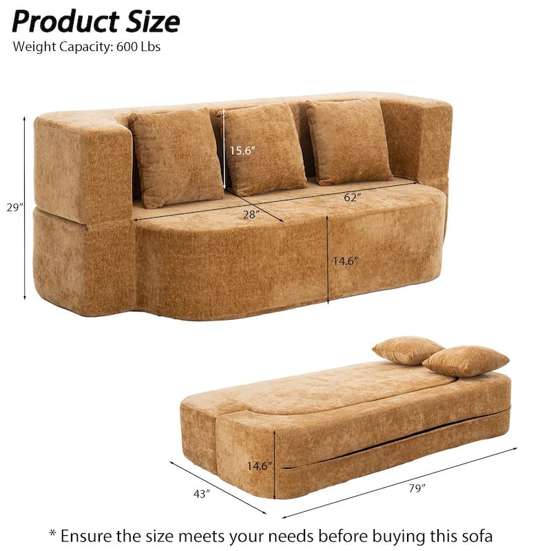 79" boneless loveseat Convertible Folding Sofa Bed, Twin Sleeper Sofa with Pillow, Modern Chenille Couch for Living Room