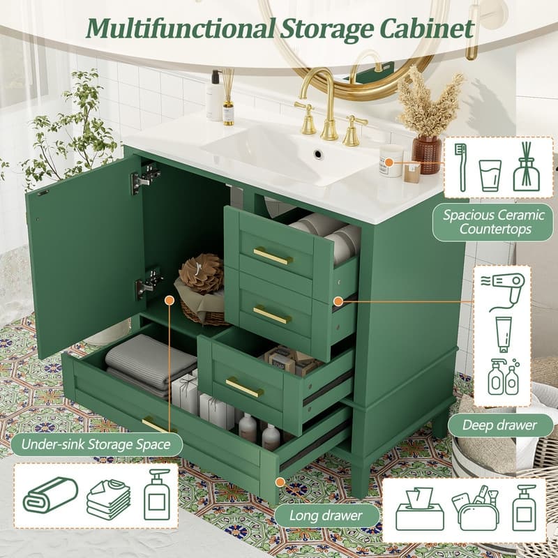 Contemporary 36-inch White Bathroom Vanity Cabinet with a Sturdy Pine Frame, 1 Soft Close Door and 3 Drawers.