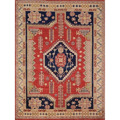 Vegetable Dye Geometric Heriz Oriental Rug Hand-Knotted Wool Carpet - 4'10" x 6'2"