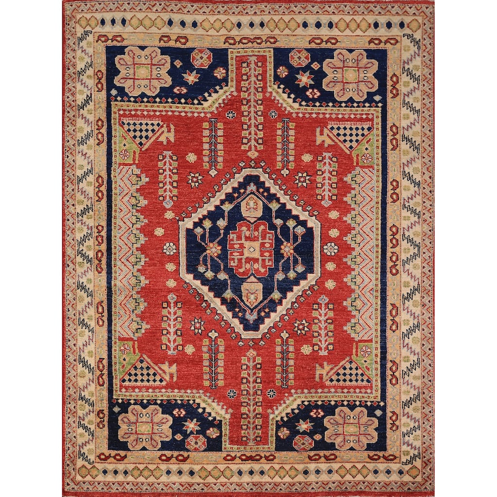 Vegetable Dye Geometric Heriz Oriental Rug Hand-Knotted Wool Carpet - 4'10" x 6'2"