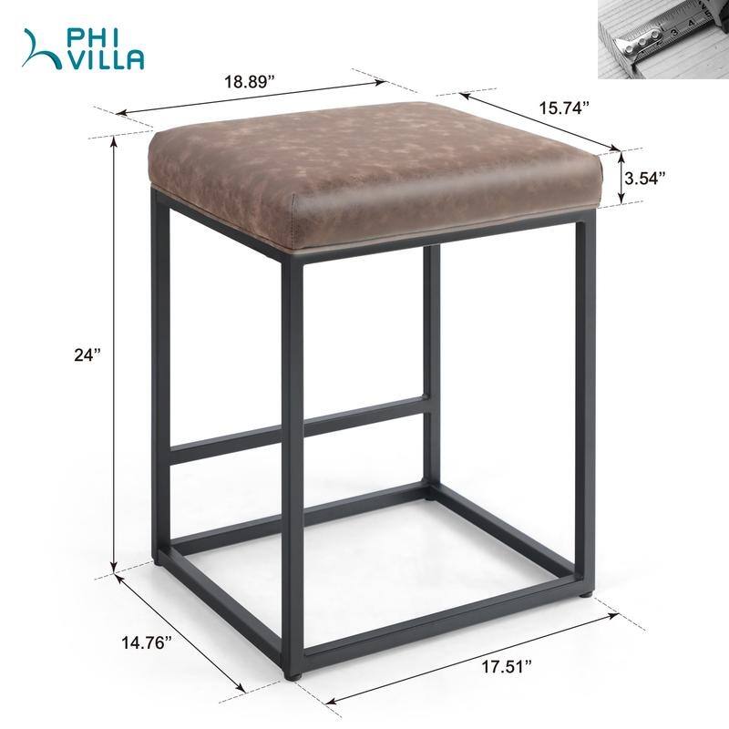 PHI VILLA 24'' Square PU Leather Bar Stool with Sturdy Metal Frame, Set of 2