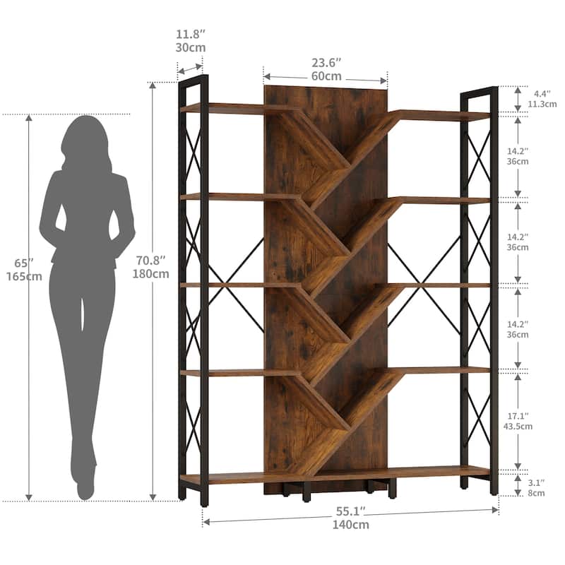 Moasis Wood 5-Tier Large Tree Bookshelf Industrial Open Etagere Bookcase