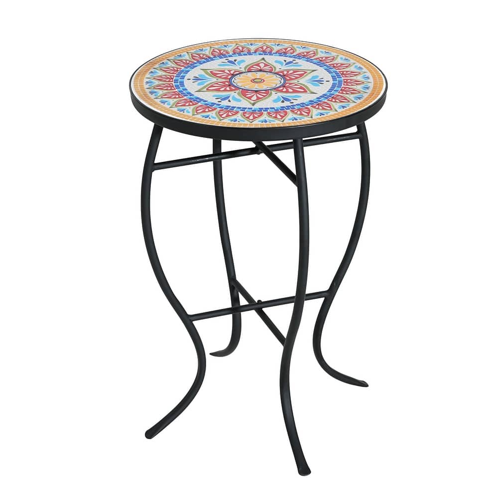 Christopher Knight Home - Han Outdoor Round Ceramic Tile Side Table with Iron Frame.