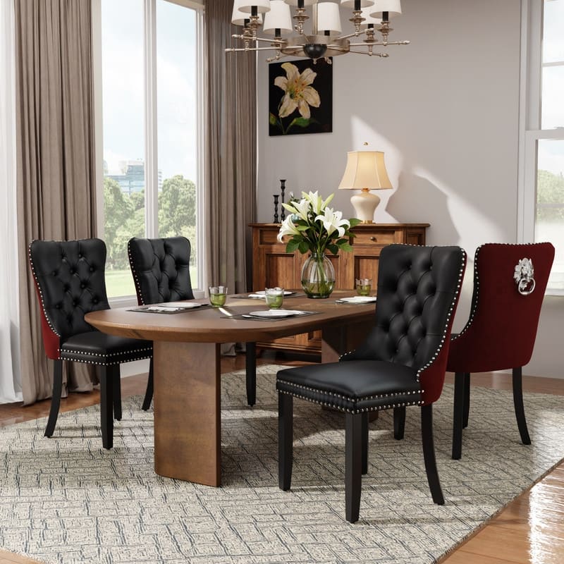 High-end Tufted Velvet Upholstered Nailhead Dining Chair Set of 6 - Set of 4 - Black Red