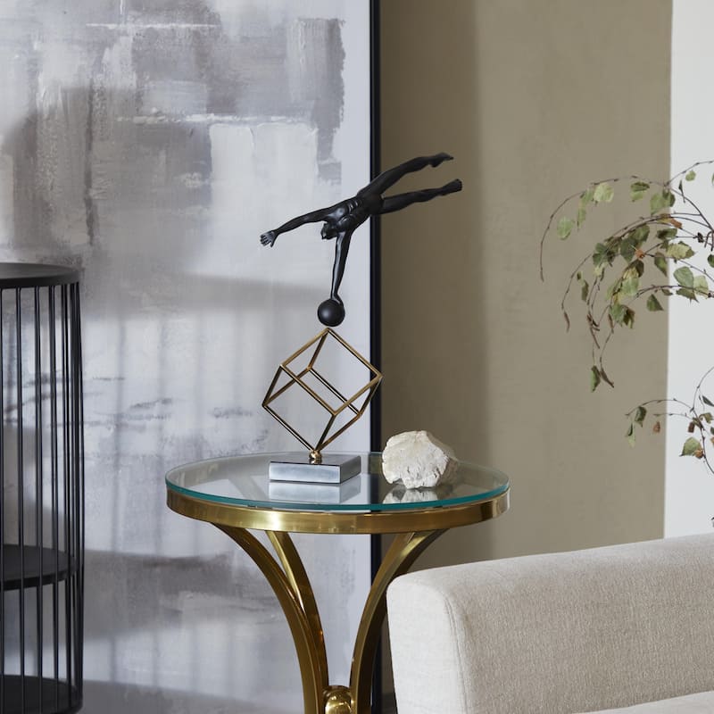 Marble Gymnast Decorative Sculpture with Gold Cube Base - Black - Roche River Decor