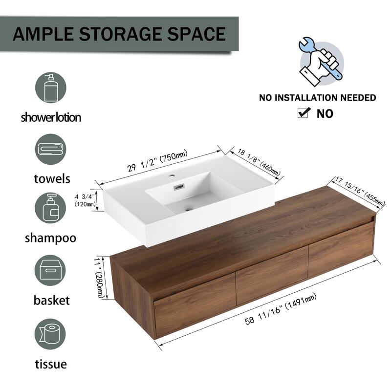 Contemporary Floating Bathroom Vanity with Durable Plywood Base and Spacious Storage - 58.7in L