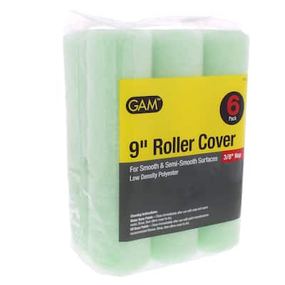 GAM RC06938 Low Density Polyester 9-inch x 3/8-inch Paint Roller Covers for Smooth and Semi-Smooth Surfaces, 6 Pack - Green