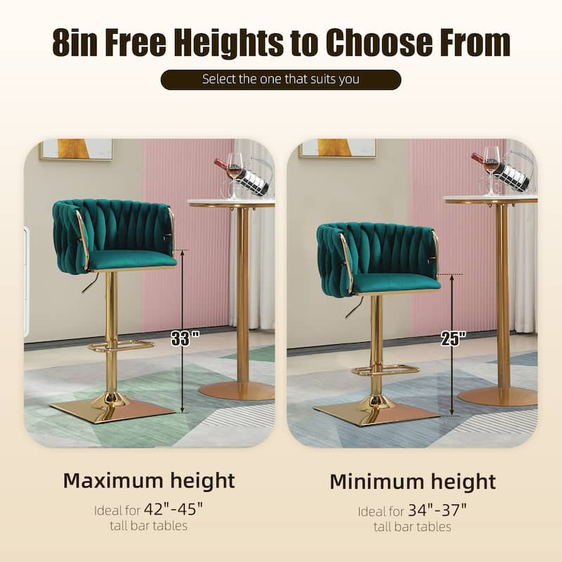 Velvet Upholstered Swivel Adjustable Height Bar Stools With Metal Footrest（set of 2）