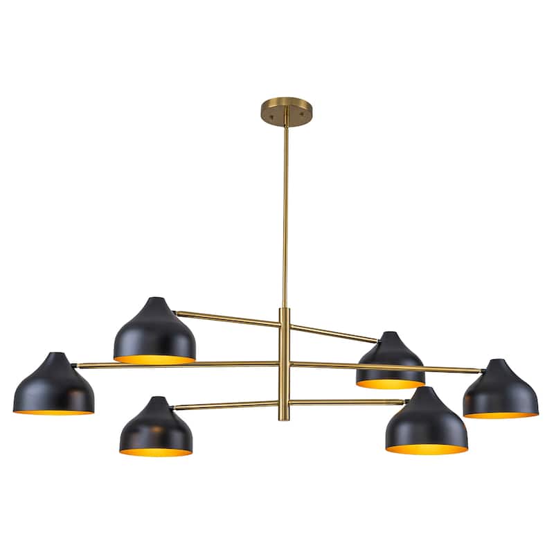 6-Light Mid-Century Matte Black & Gold Linear Chandelier Iron Shades - W 55.12-in - W 55.12-in