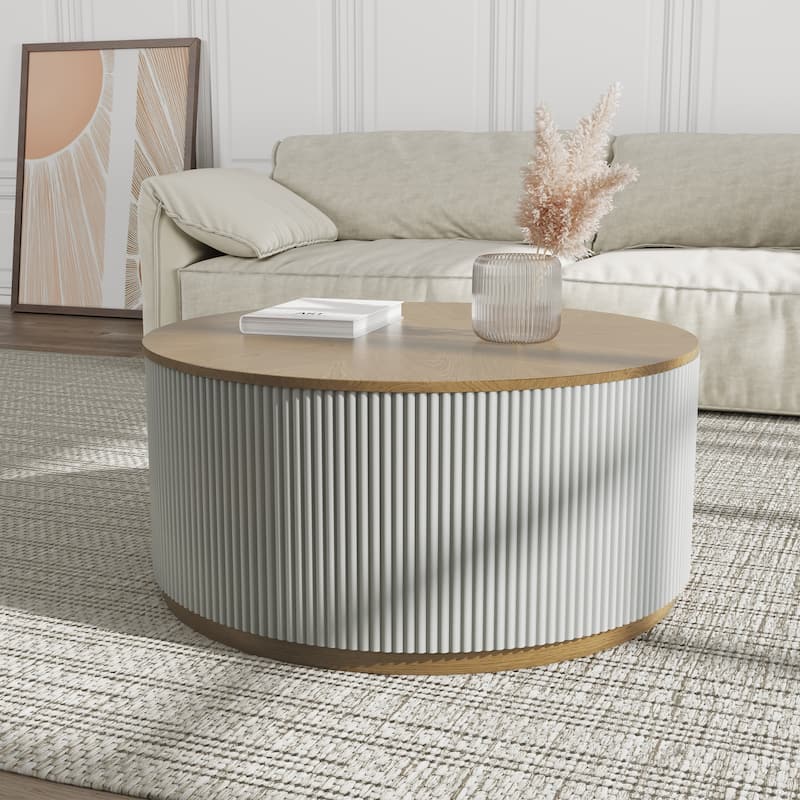 Modern Round Coffee Table，Wood Coffee Table, Solid Wood Veneer, For Living Room, Gray - Grey - 35.43