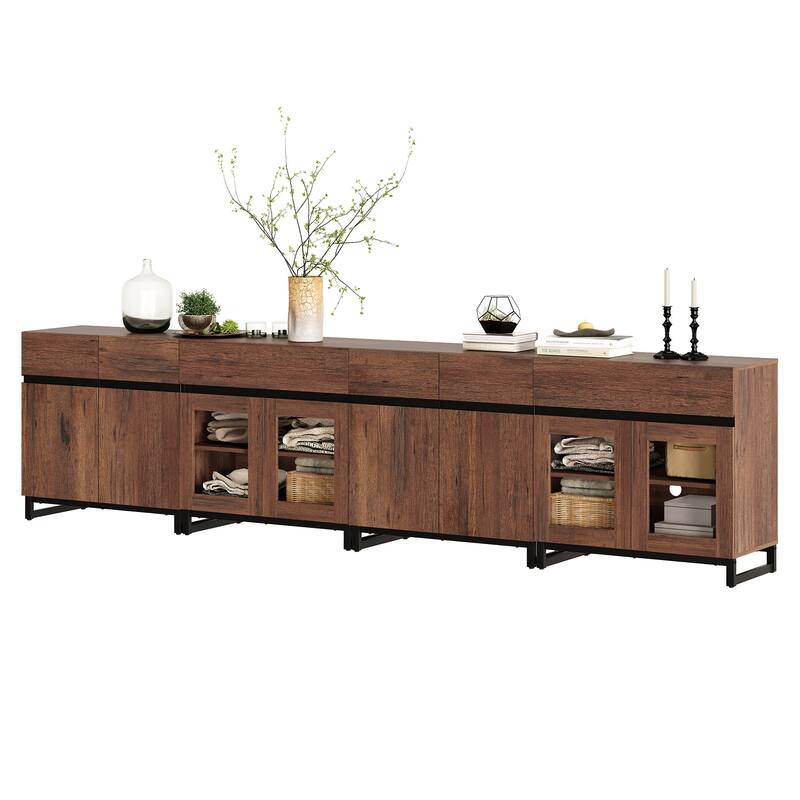 4-in-1 Modern Sideboard Buffet with Glass Doors, 2 Drawers & Metal Base, Adjustable Shelf for Kitchen Coffee Bar Storage