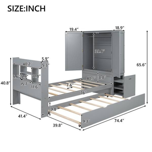 dimension image slide 1 of 2, Twin Platform Bed with Storage Headboard & Footboard, Pull Out Shelves and Twin Trundle, Grey