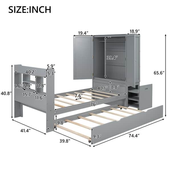 dimension image slide 1 of 2, Twin Size Platform Bed with Twin Size Trundle and Footboard, Kids Bed Frame with Pull-Out Shelves and Storage Headboard, Grey