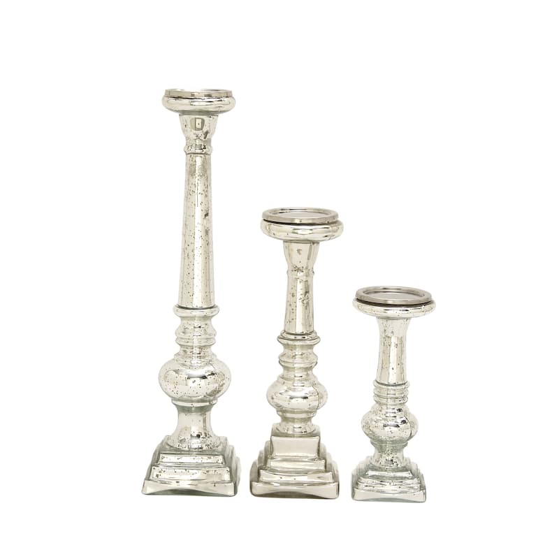 Glass Handmade Turned Style Pillar Candle Holder - Set of 3 Silver - Roche River Decor - 4"W x 4"L x 11"H