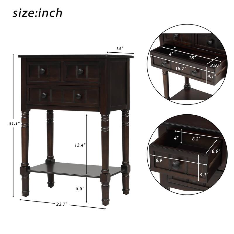 Narrow Slim Esspreso Console Table/Sofa Table with 3 Drawers and 1 Bottom Shelf - 23.7"L x 13"W x 31.1"H