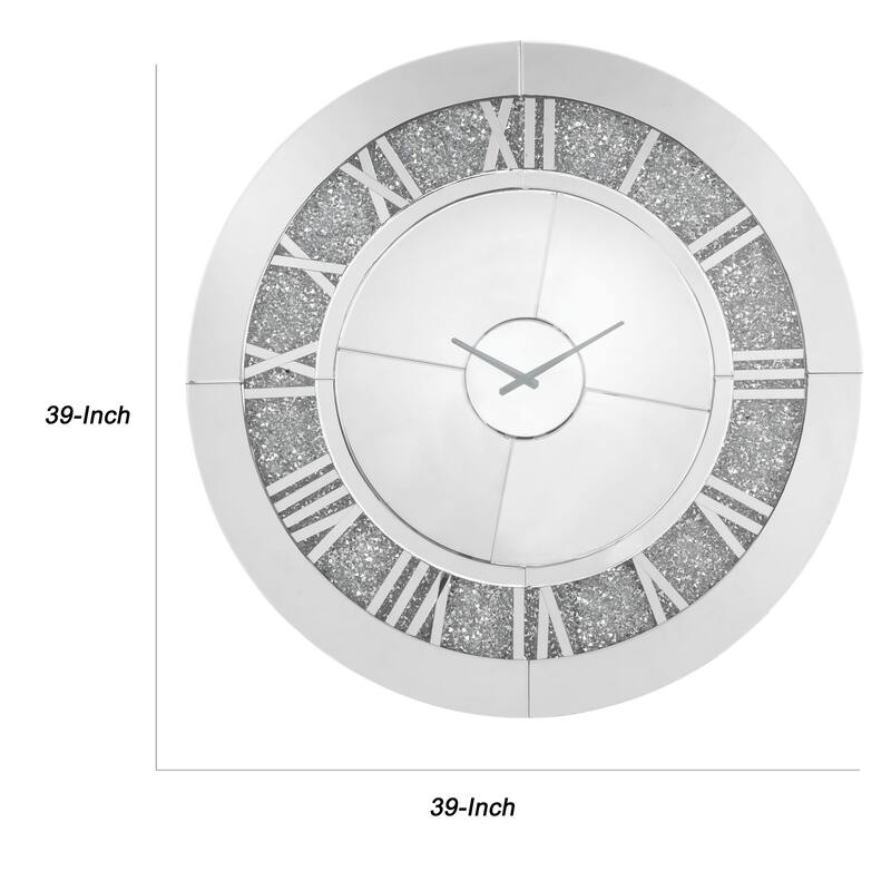 Round Beveled Mirror Frame Wall Clock with Faux diamond Inlay, Silver