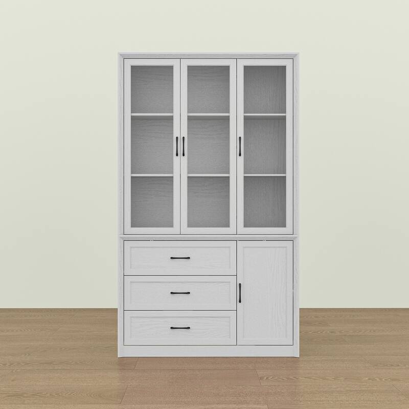 79.6"H Display Bookcase Pantry Cabinet Sideboard with Tempered Glass Doors White/Brown