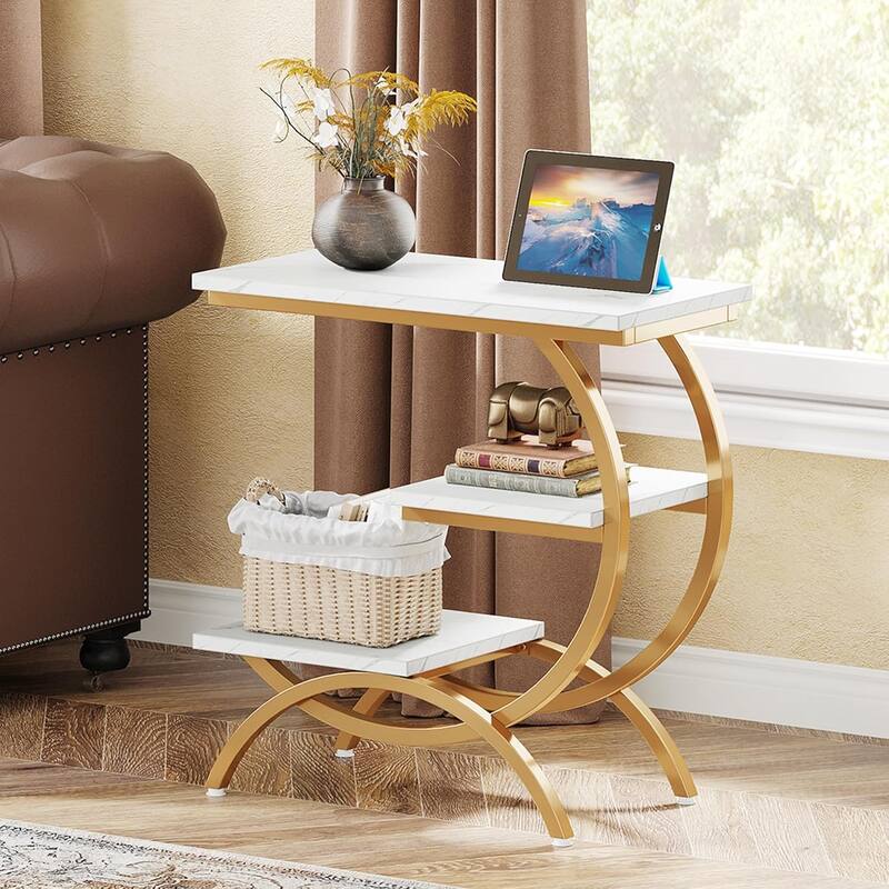 C-Shaped End Table, Industrial 3-Tier Side Table, Wood Bedside Table
