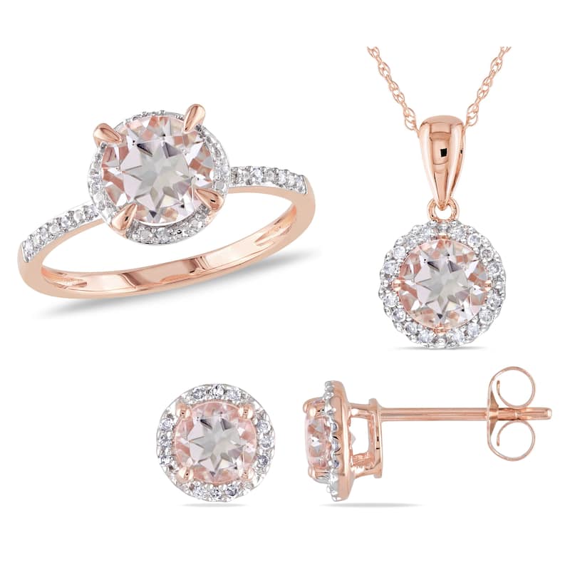 Miadora Signature Collection 10k Rose Gold Morganite and 1/5ct TDW Diamond Halo Ring, Stud Earrings, and Necklace Set
