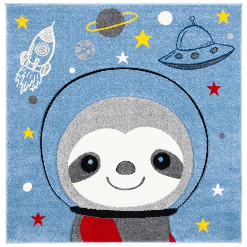 SAFAVIEH Carousel Kids Tatieana Sloth Astronaut Rug - 5'3" Square - Blue/Grey - Square