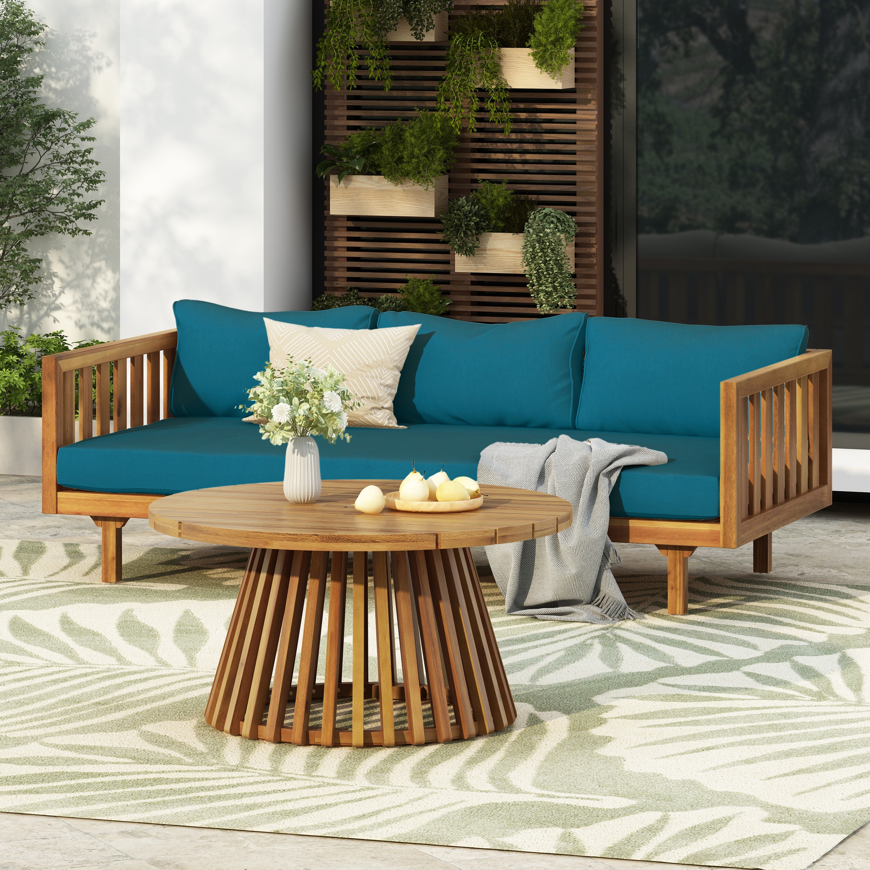 Christopher Knight Home - Claremont 3-Seater Daybed + Acacia Wood Table Patio Conversation Set