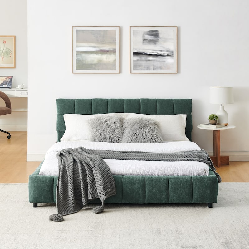 Block Thick Chenille Low Profile Platform Bed Fabric Upholstered Bedframe with Headboard Solid Wood Frame - Optional Storage Bed