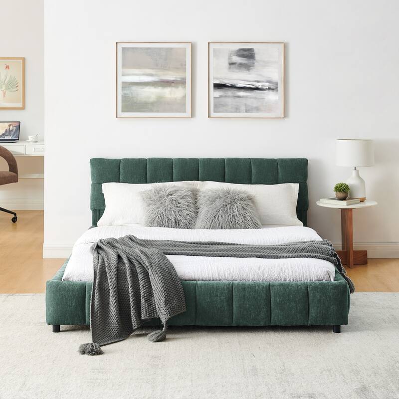 Queen Size Upholstered Bed with Tufted Headboard, Chenille Fabric Platform Bed with 4 Storage Drawers, Solid Wood Bed Frame - Green - Queen