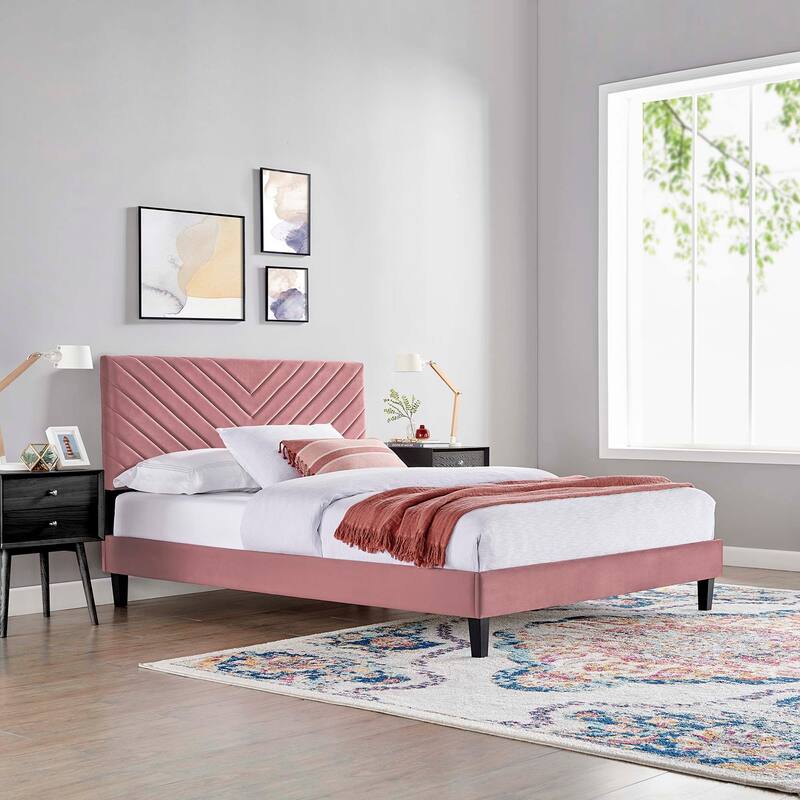 Roxanne Performance Velvet Platform Bed With Black Wood Legs - Queen - Dusty Rose