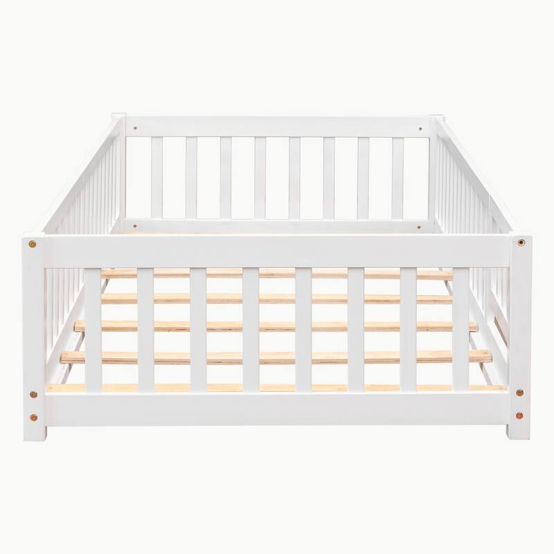 Pine Wood Floor Platform Bed with Fence and Door