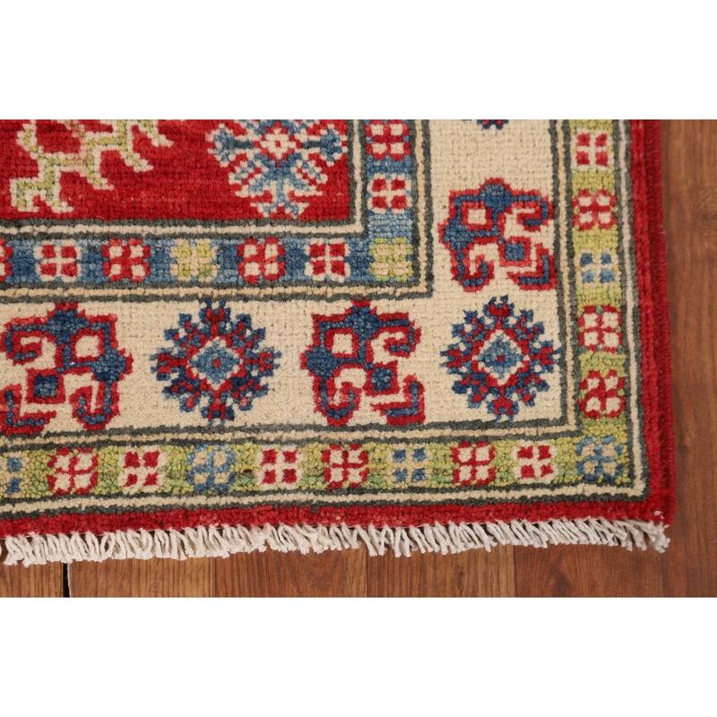 Geometric Red Kazak Foyer Rug Hand-Knotted Traditional Wool Carpet - 2'8" x 4'1"