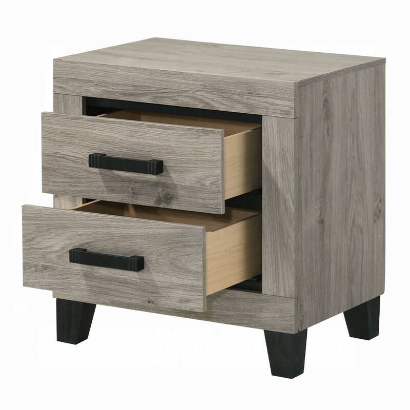 Farmhouse Style Nightstand, Light Gray Finish, Black Hardware, Wooden