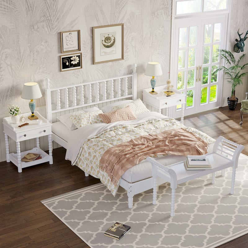 Retro Style Wooden Platform Bed Set