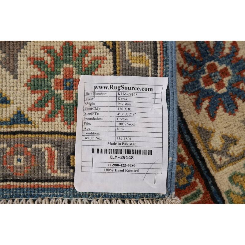 Blue Traditional Kazak Oriental Foyer Rug Hand-Knotted Wool Carpet - 2'8" x 4'3"