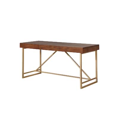 Modern Style Wooden Writing Desk with Unique Metal Legs, Walnut Brown and Gold