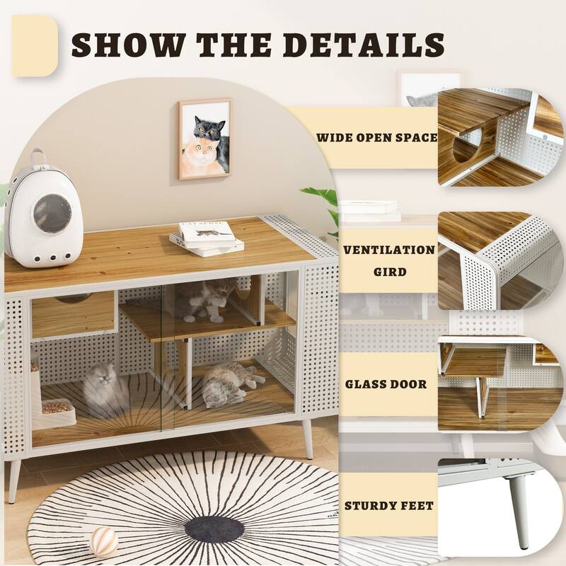 55" Modern Spacious Cat House with Tempered Glass for Living Room and More
