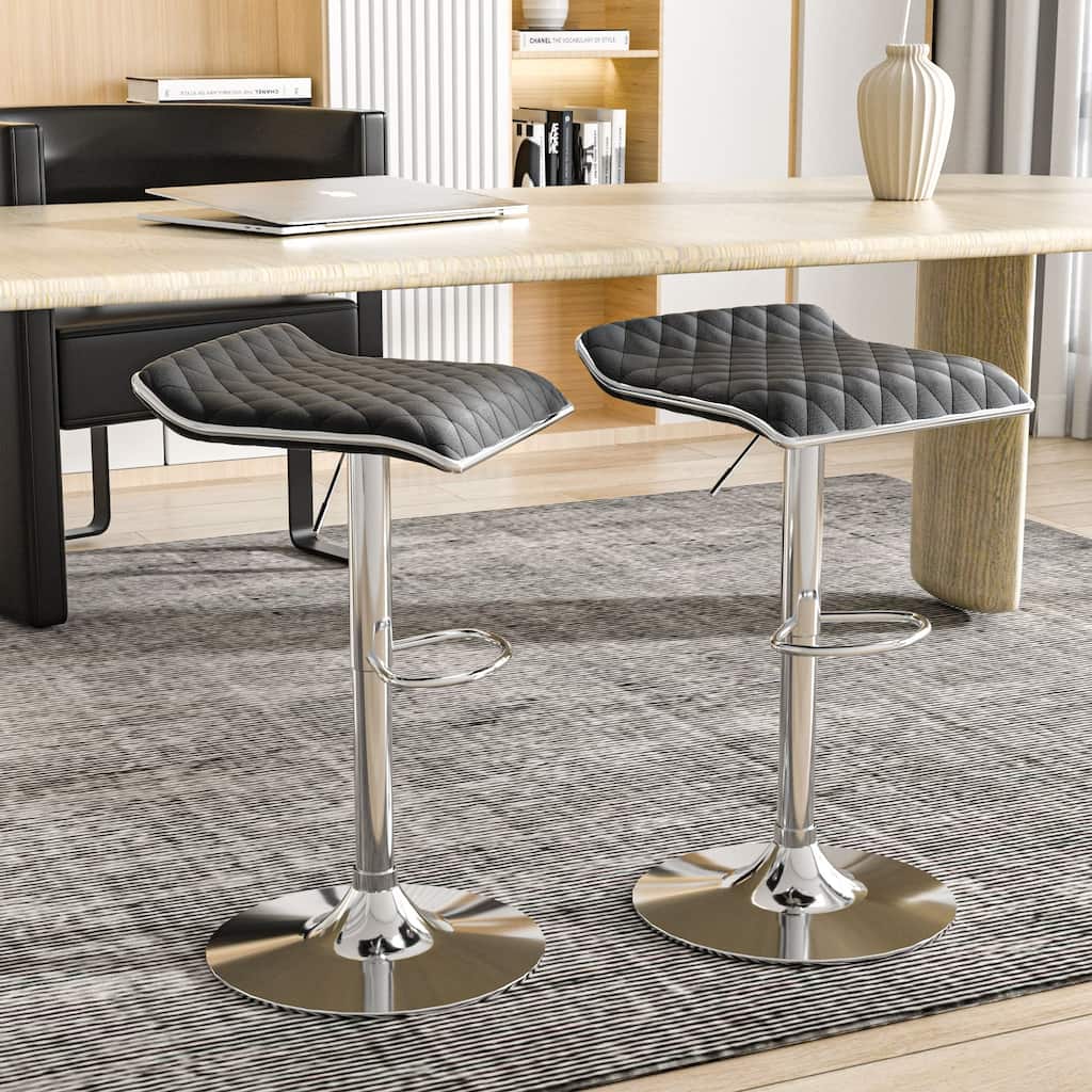 Javlergo Set of 2 Diamond Pattern Bar Stools Adjustable Height 360° Swivel PU Leather Counter Height Bar Chair with Arc Footrest