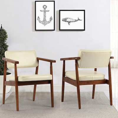 Walnut Faux Leather Upholstered Dining Chair Padded Armchair Solid Wood Open Back