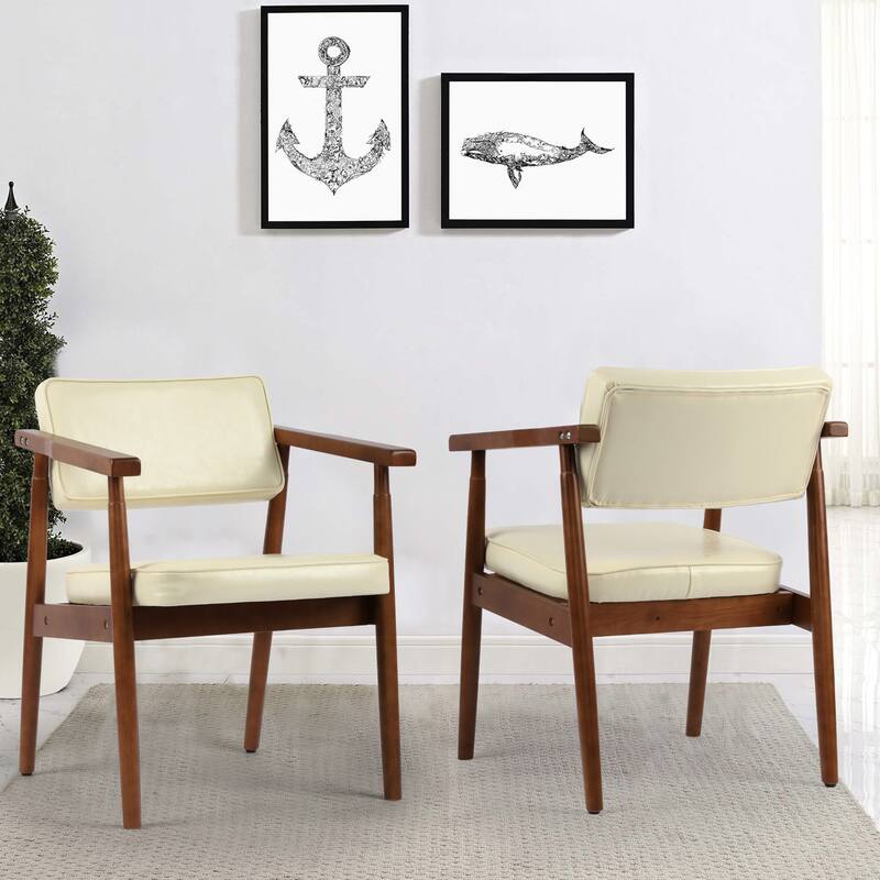 Walnut Faux Leather Upholstered Dining Chair Padded Armchair Solid Wood Open Back - Set of 2 - White-2-Piece