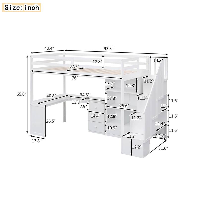 Twin/Full Loft Bed with L-Shaped Desk and Storage Staircase, Multi-Functional Solid Wood Loft Bed Frame with Drawers & Bookcase