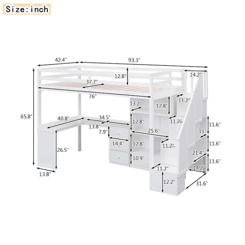 Twin Size Loft Bed with L-Shaped Desk, 3 Drawers, Cabinet & Storage Staircase, Full-Length Guardrail for Top Bunk