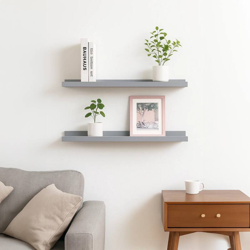 Yuli Wall Shelf Set of 2, Raised Ledge Design, Classic Gray 32 Inch