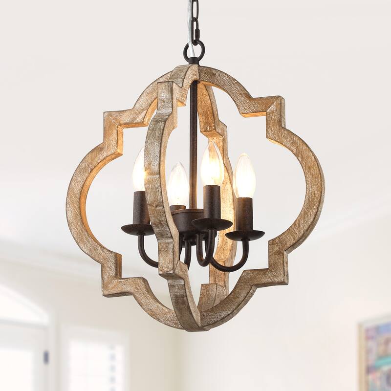 Bella Depot 16" 4-Light Distressed Wood Chandelier Adjustable Pendant Light for Dining Room Bedroom
