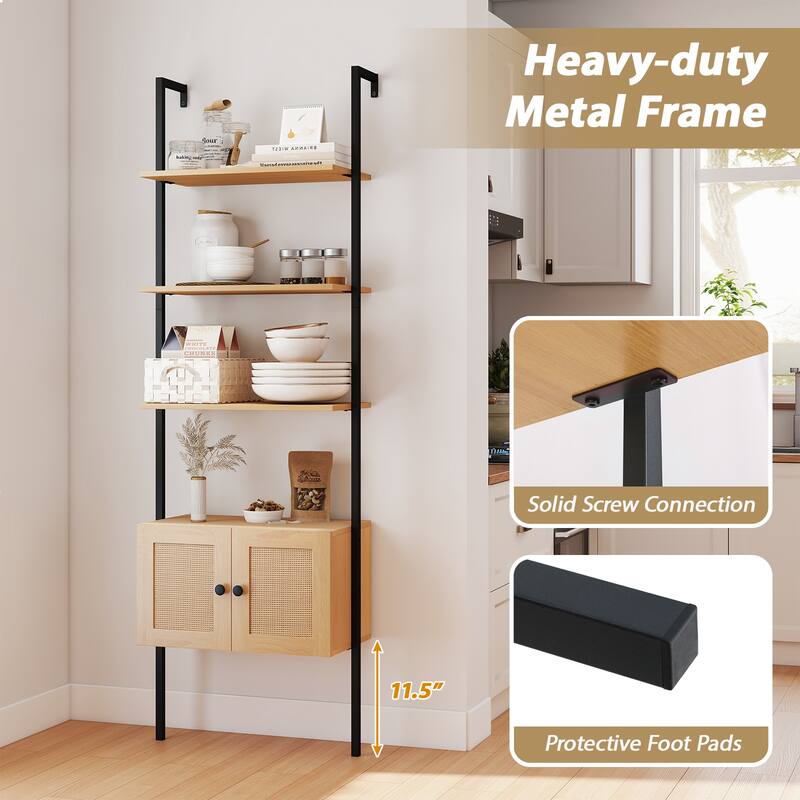 Gymax Wall-Mounted Ladder Shelf 5-tier Bookshelf w/ Rattan-Door