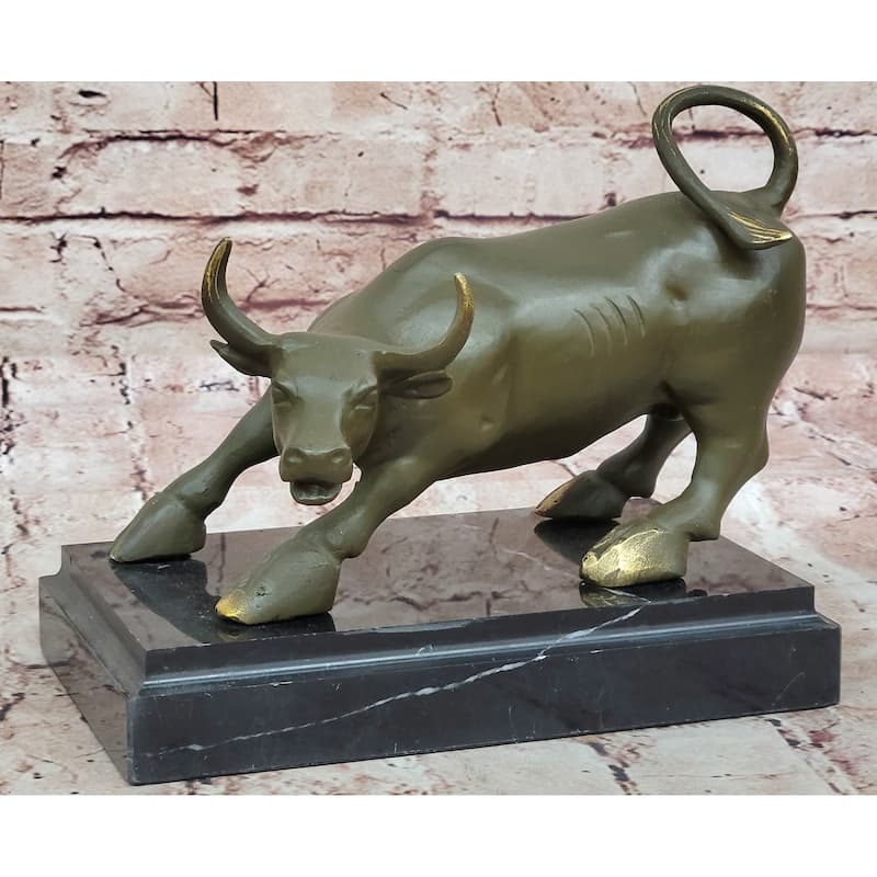 Aggressive Imitative Bull Bronze Sculpture On Marble Stand Signed Imitative Fisher