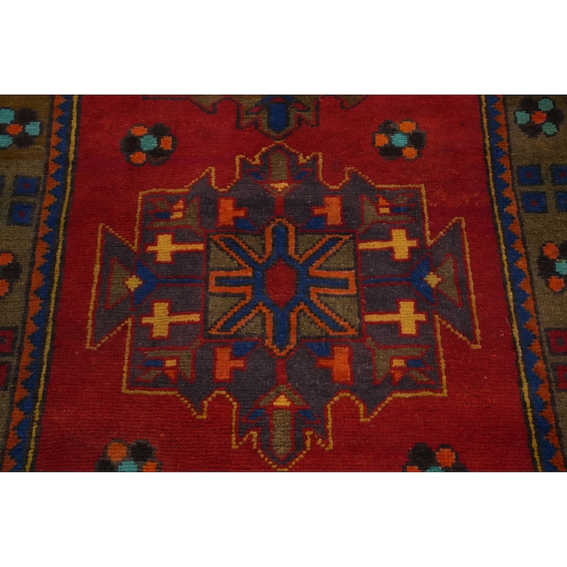 Hand Knotted Oriental 100% Wool Carpet Traditional Geometric Oranges & Rust Heriz Runner Rug - 10' 4'' X 3' 3''