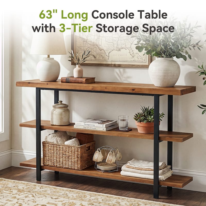 63" Solid Wood Console Table with 3-Tier Storage Shelves, Industrial Sofa Table