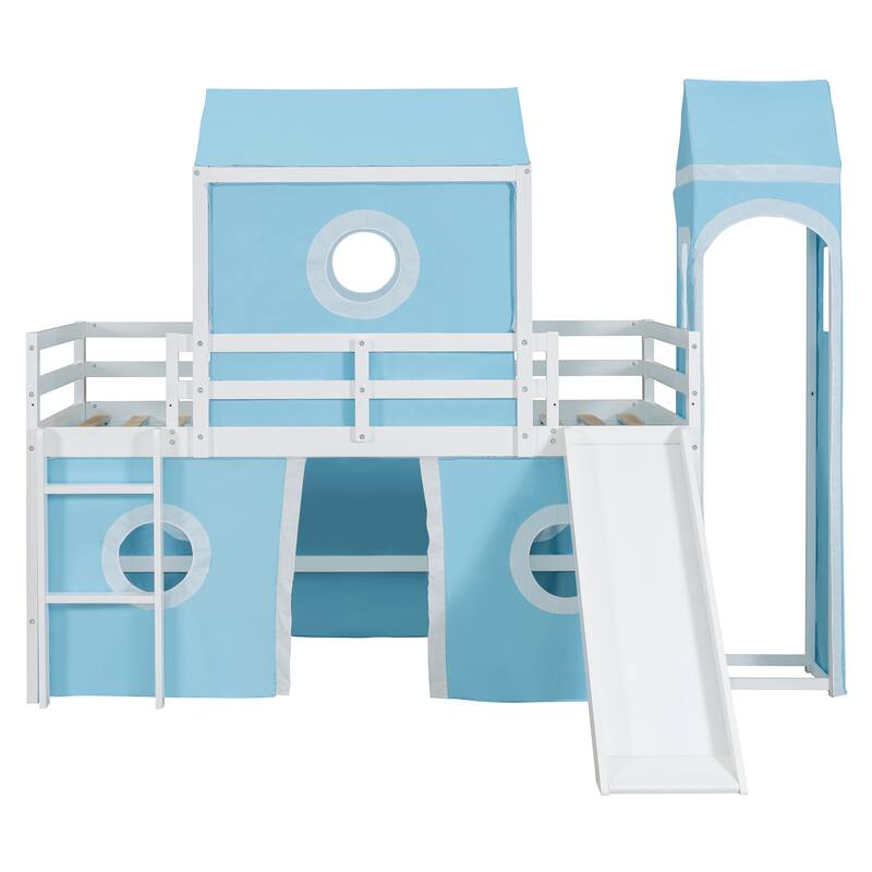 Twin Size Loft House Bed with Slide, Tent, & Tower