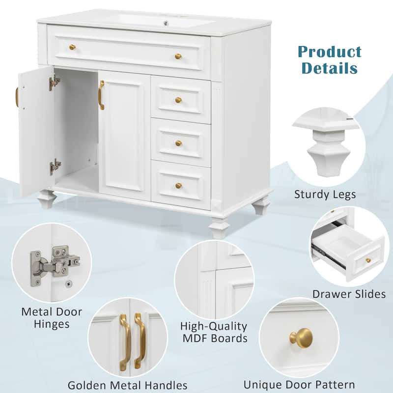 Roomfitters 36" Bathroom Vanity with Sink, Flip-Out Drawer, 3 Drawers, Soft-Close Doors, Solid Wood Cabinet