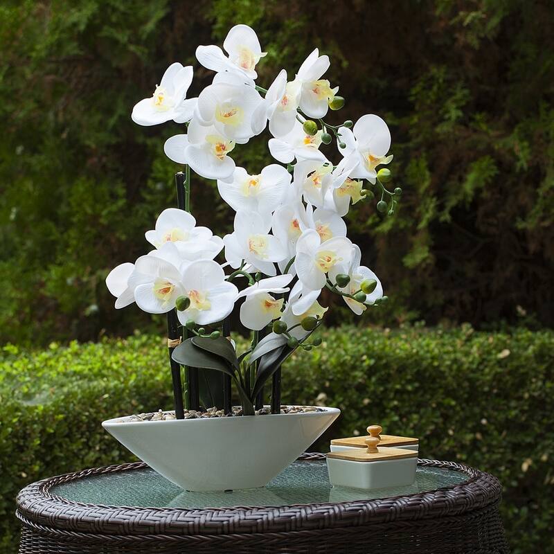 Enova Home 24" High Quality Artificial Real Touch Orchids Fake Silk Flower in White Ceramic Pot for Home Wedding Decoration