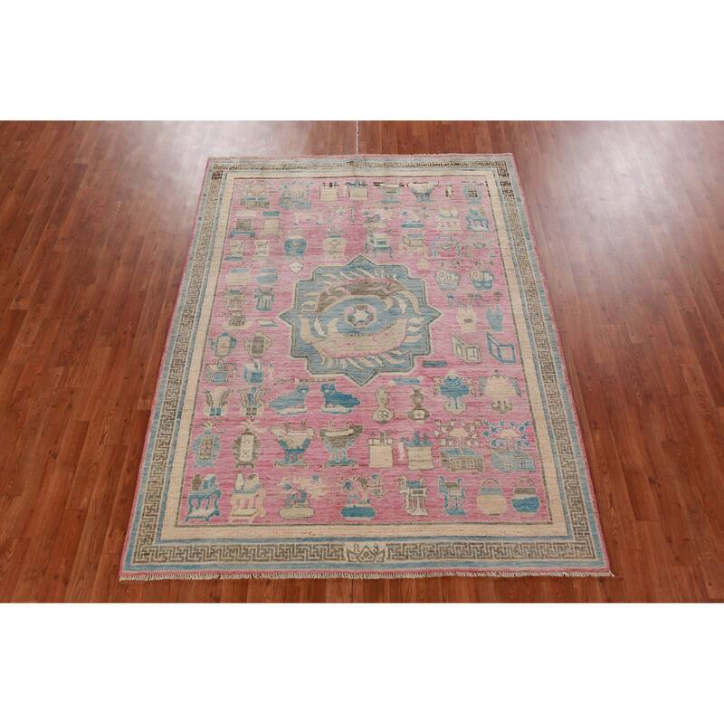 Hand Knotted Oriental 100% Wool Carpet Transitional Geometric Pink Oushak Area Rug - 7' 0'' X 5' 4''